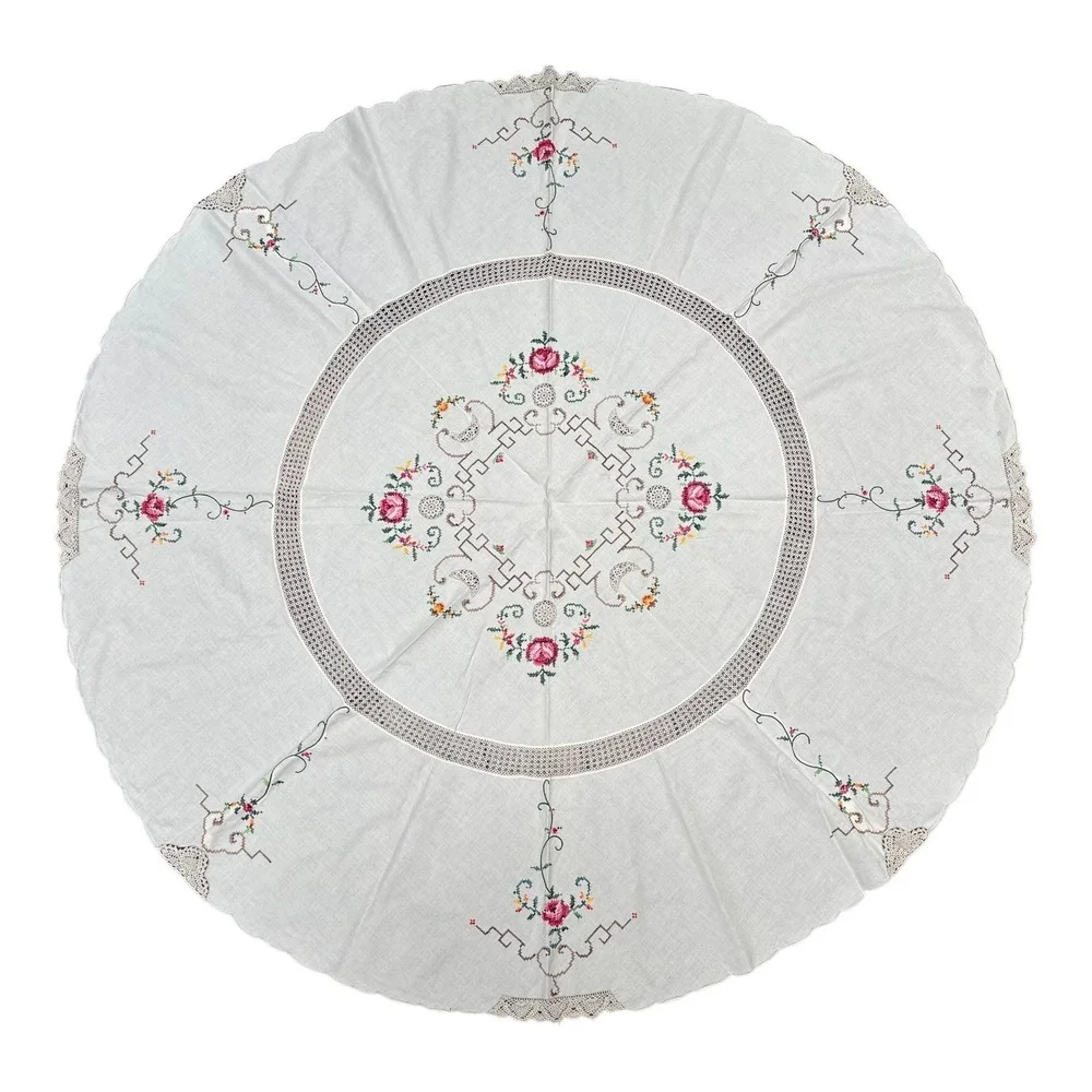 Vintage Round White Hand Embroidered Floral Crochet Lace Tablecloth 64in‎